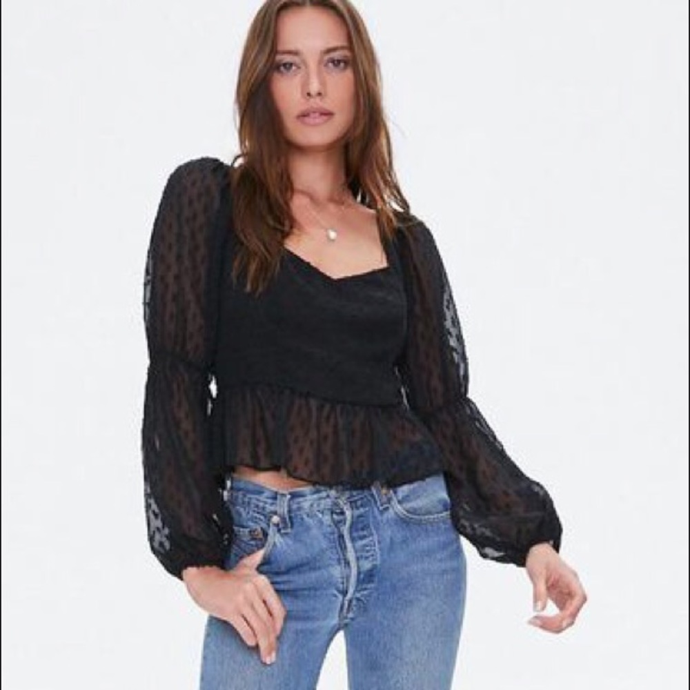 Forever 21 Clip Dot Peasant Top Black Medium